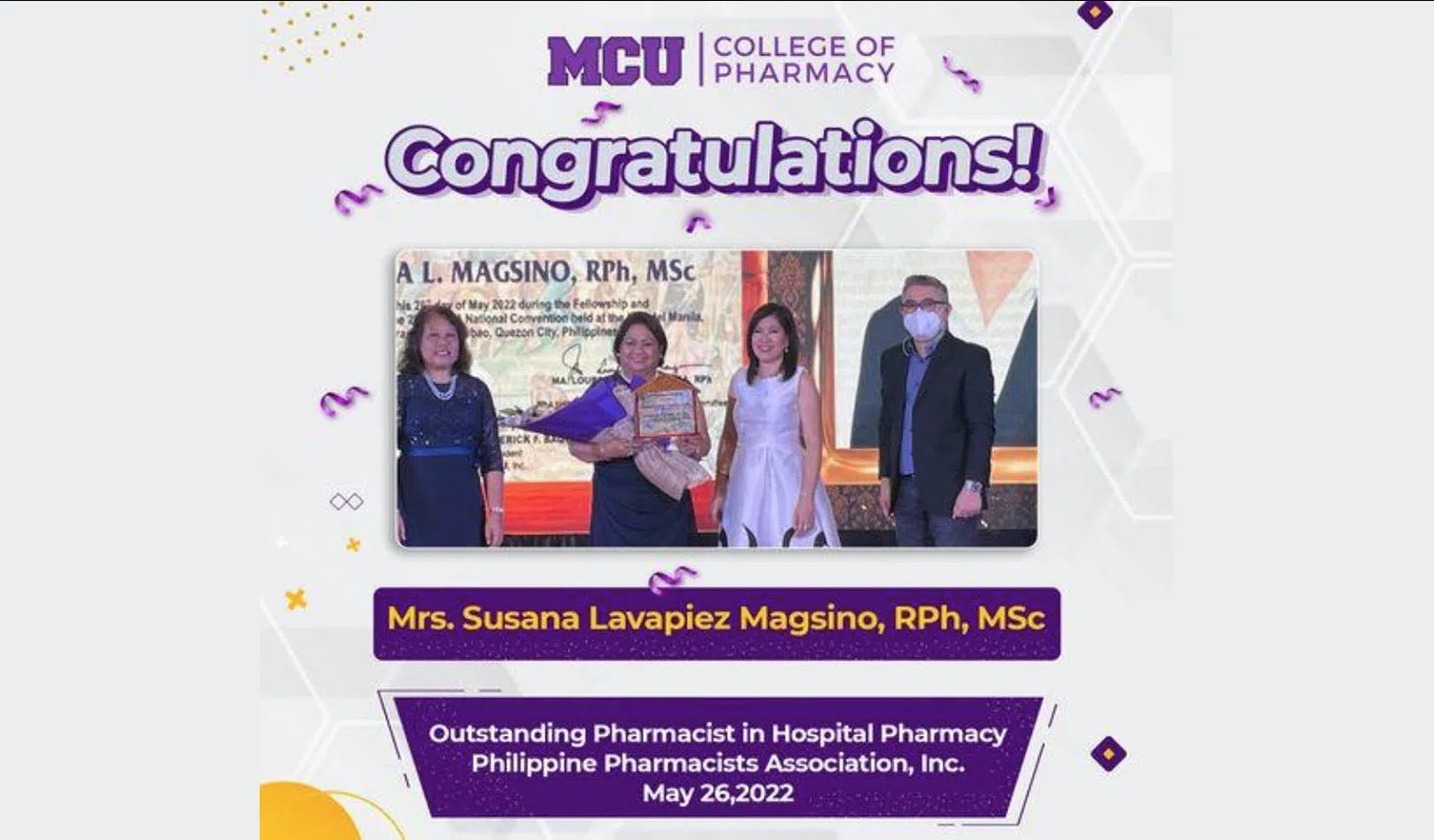 Mrs. Susana Lavapiez Magsino, RPh, MSC obtained an award